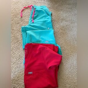 Figs Bottoms and aqua scrub top and red scrub, top